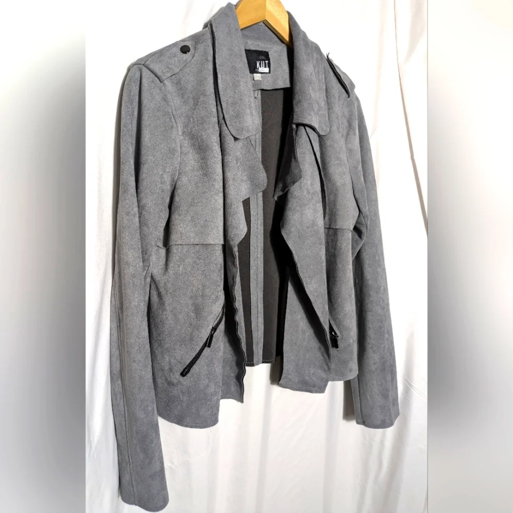 Women's Kut from the Kloth Jacee Draped Gray Faux Suede‎ Moto Jacket | Size XL